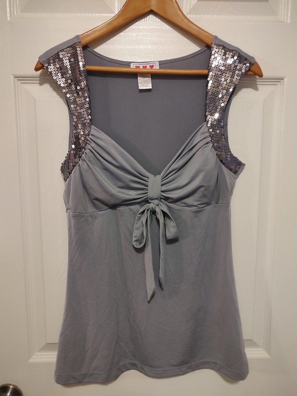 Three Hearts Light Gray Sequin-Shoulder Tie-Front Camisole
